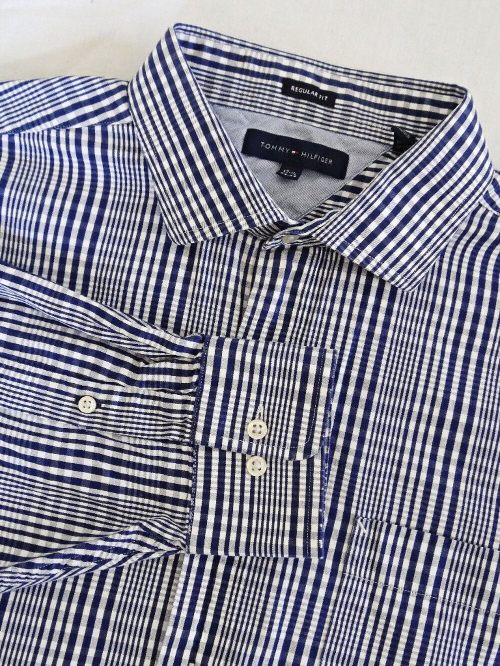 TOMMY HILFIGER Men's 17.5 34-35 Plaid Shirt Long Sleeve Blue White Check